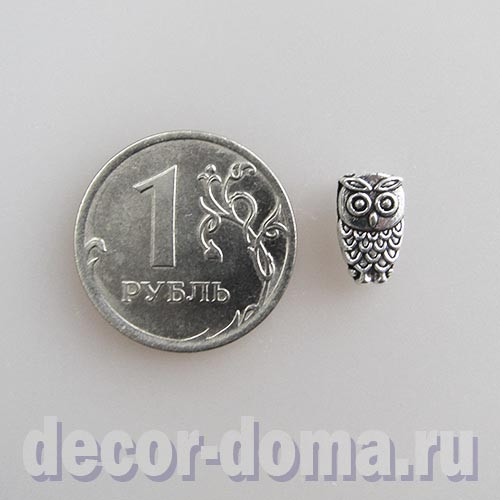 Сова микро, подвеска, шарм, бусина, 1 см, цвет серебро антик