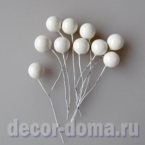 Ягоды-бусины на проволоке, 12 мм, 10 шт., цвет белый матовый Ягоды-бусины на проволоке, 12 мм, 10 шт., цвет белый матовый