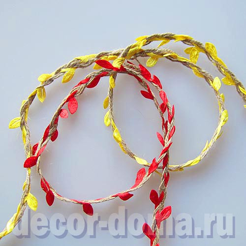 Тесьма джутовая с листиками, 5 м, цвет жёлтый Тесьма джутовая с листиками, 5 м, цвет жёлтый