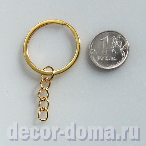 Кольцо разъемное, для ключей, с цепочкой, 3 см, цвет золотой
