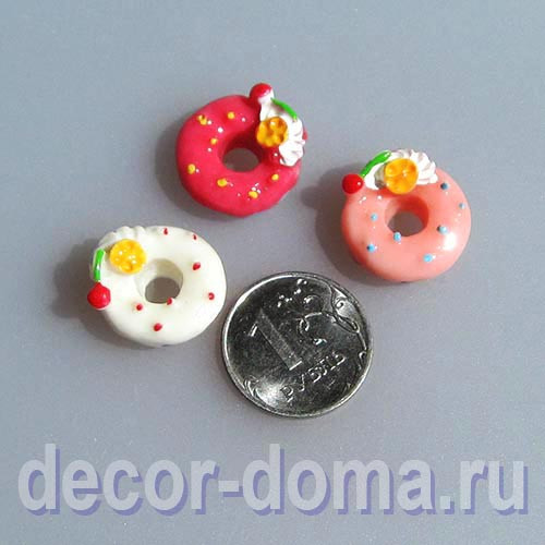 Пончики Donuts (Донатс), 15 мм, 3 шт., с цветочком и вишней