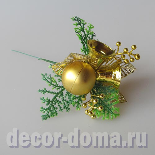 Букетик новогодний, золотой, с шариком и колокольчиками, 15 см Букетик новогодний, золотой, с шариком и колокольчиками, 15 см