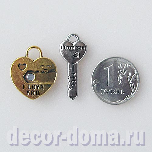 Замочек-сердечко с магнитным ключиком, набор подвесок, 3,5 см