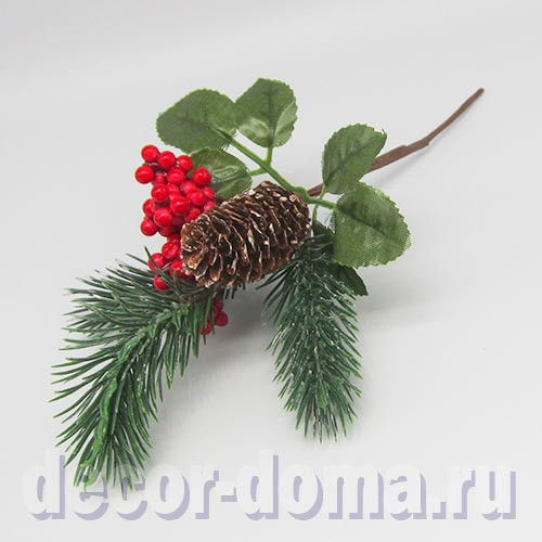 Букетик новогодний, хвоя, шишка и мелкие ягоды, 22 см