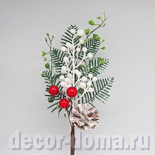 Букетик новогодний, шишка, зелень и белые ягоды, 25 см