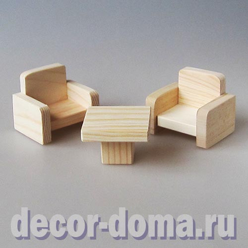 2 кресла и столик, мебель мини, заготовка для декора, дерево, 6-7 см 2 кресла и столик, мебель мини, заготовка для декора, дерево, 6-7 см