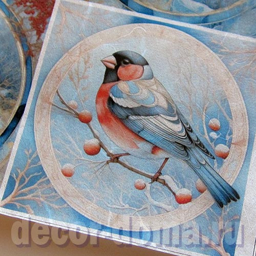 Снегири и ледяные пейзажи, бумага для декупажа рисовая Impressio, А4